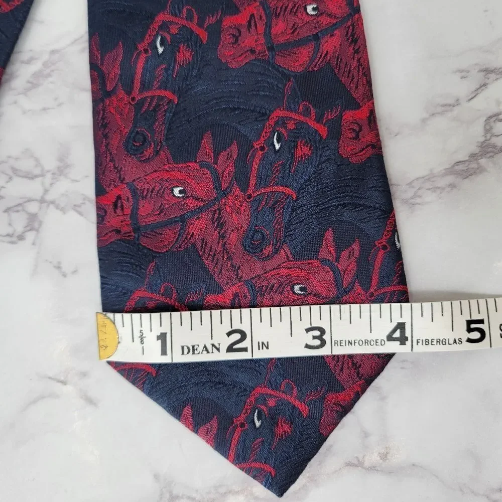 80s Italian Silk Horse Derby Necktie Blue and Red Men's Tie Equestrian Vintage